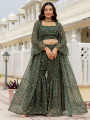 Awesome Bottle Green Digital Printed Georgette Designer Sharara Suit With Jacket