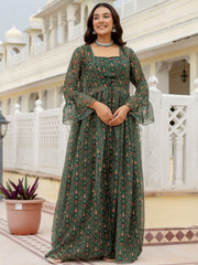 Awesome Bottle Green Digital Printed Georgette Designer Sharara Suit With Jacket