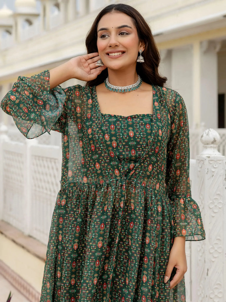 Awesome Bottle Green Digital Printed Georgette Designer Sharara Suit With Jacket