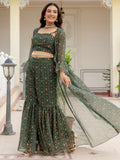 Awesome Bottle Green Digital Printed Georgette Designer Sharara Suit With Jacket
