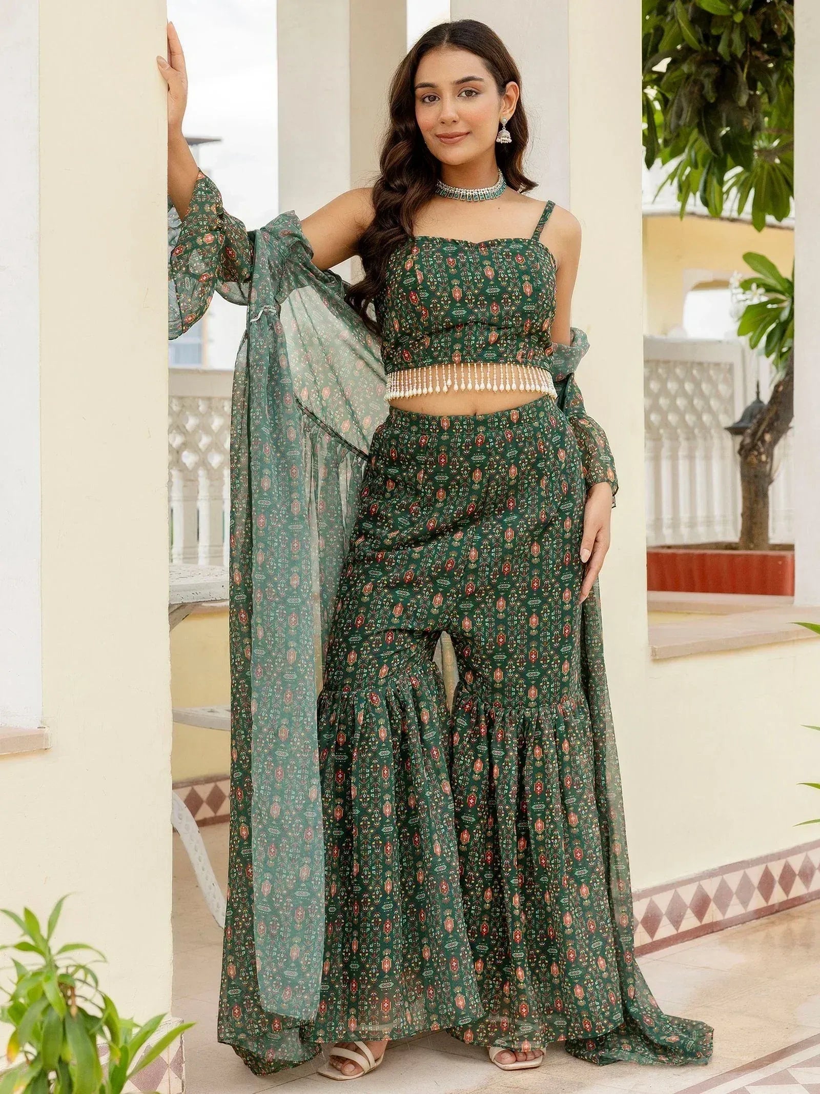 Green printed ethnic palazzo set with crop top and dupatta, perfect for Indian occasions