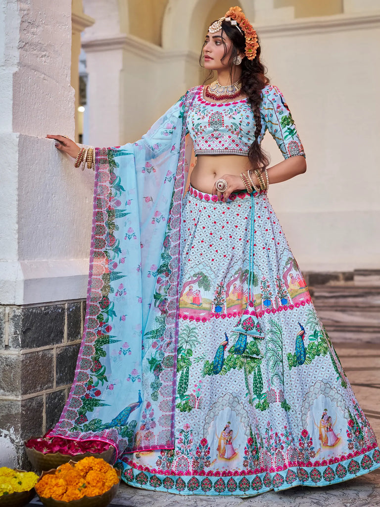 Enchanting Sky-Blue Printed Art Silk Festival Wear Lehenga Choli