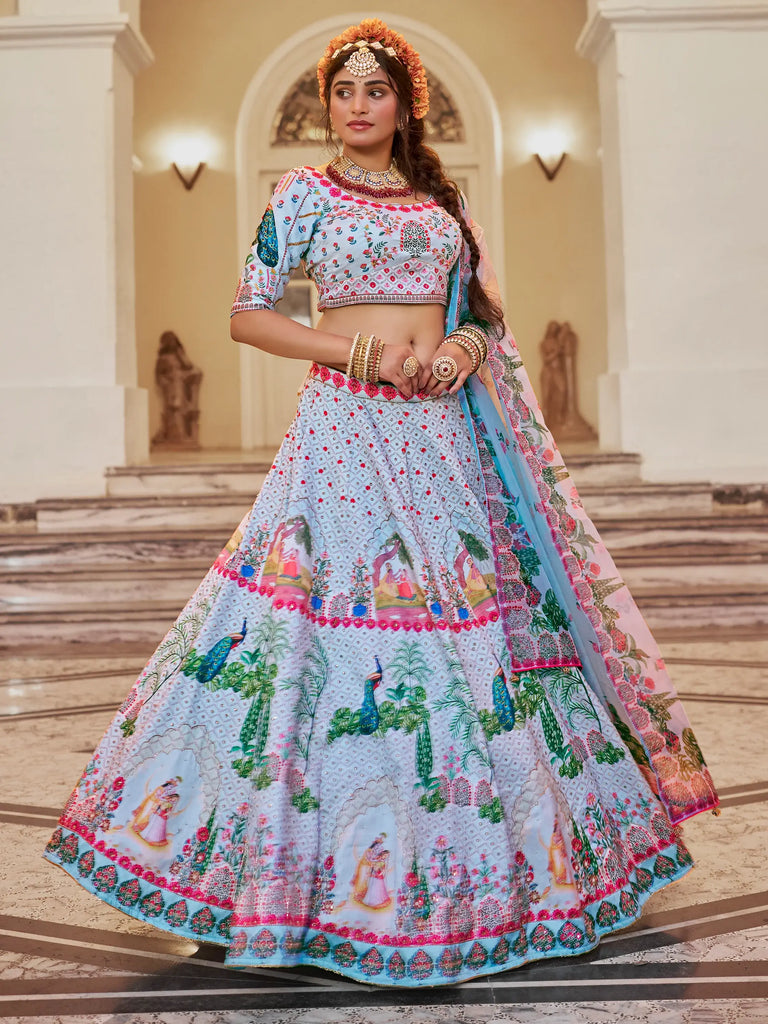 Enchanting Sky-Blue Printed Art Silk Festival Wear Lehenga Choli