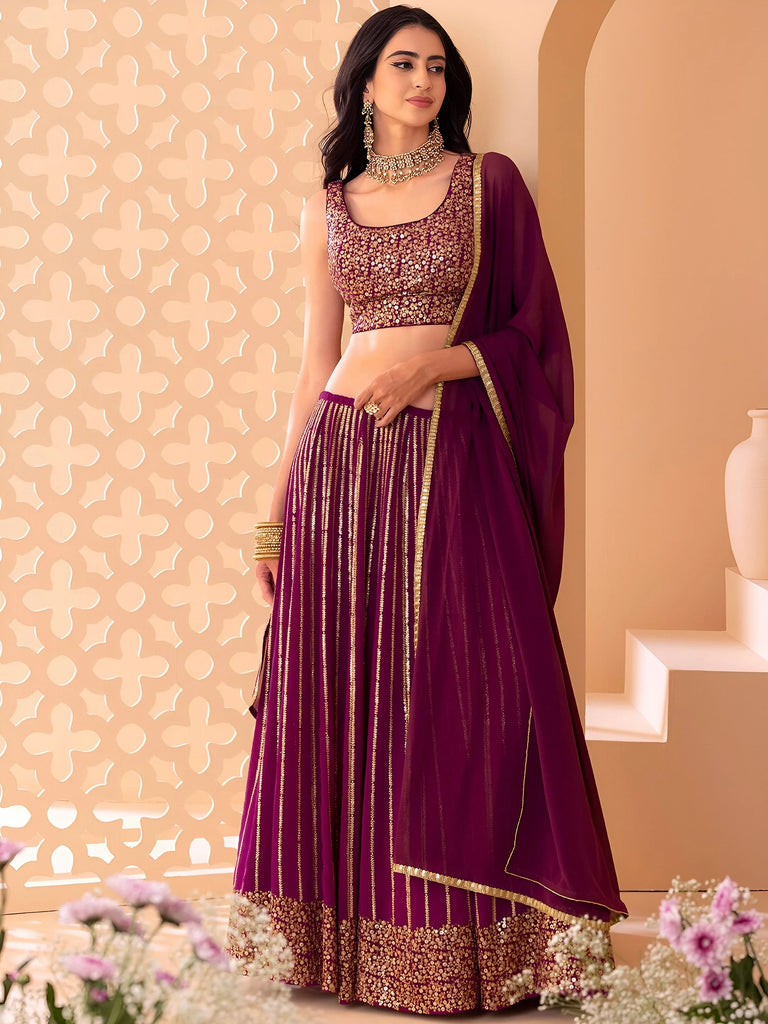 Marvelous Wine Sequins Georgette Reception Wear Lehenga Choli