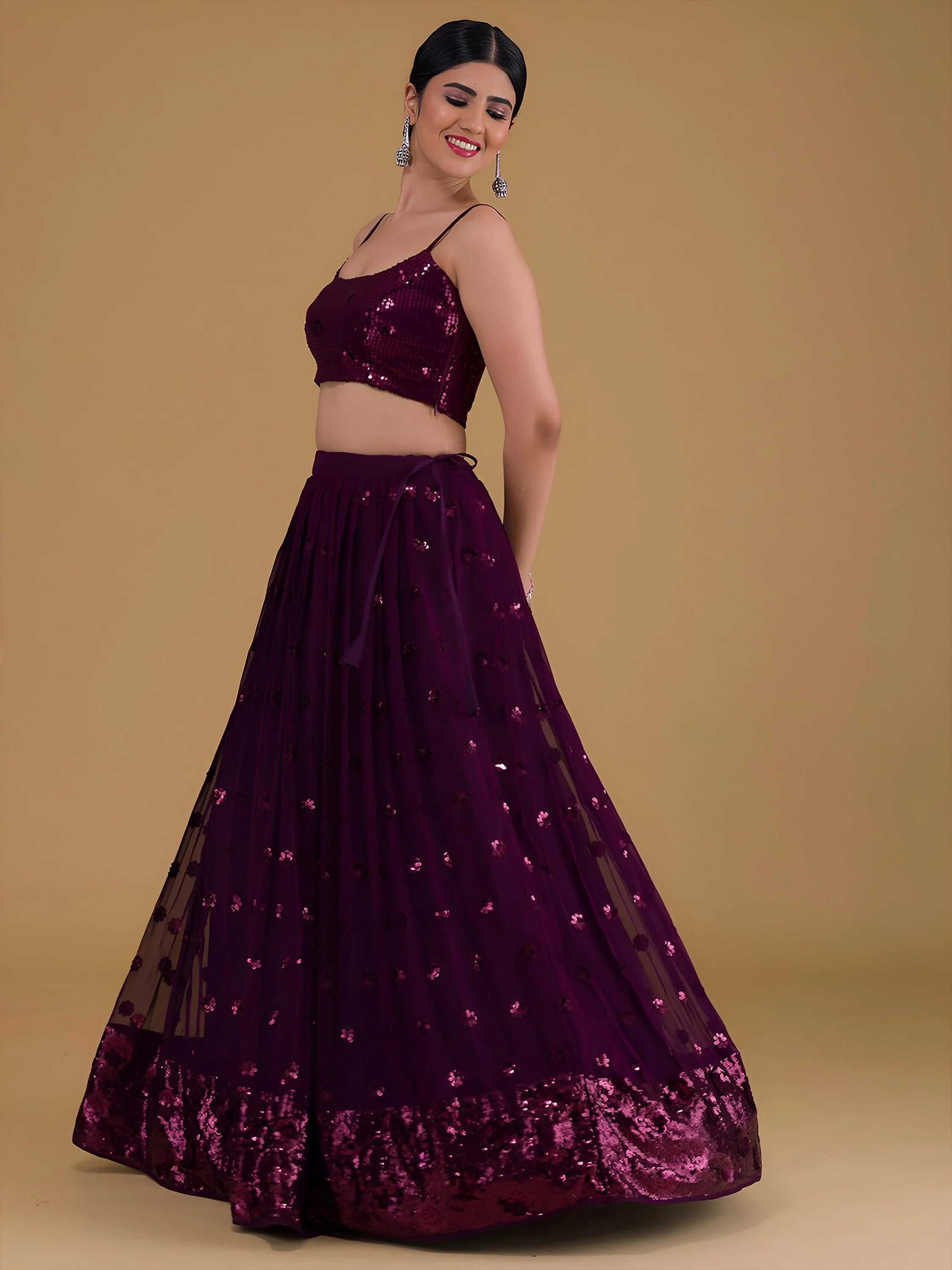 Awesome Purple Sequins Georgette Sangeet Wear Lehenga Choli