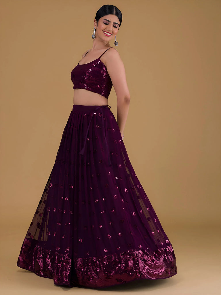 Awesome Purple Sequins Georgette Sangeet Wear Lehenga Choli