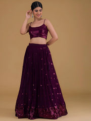 Awesome Purple Sequins Georgette Sangeet Wear Lehenga Choli
