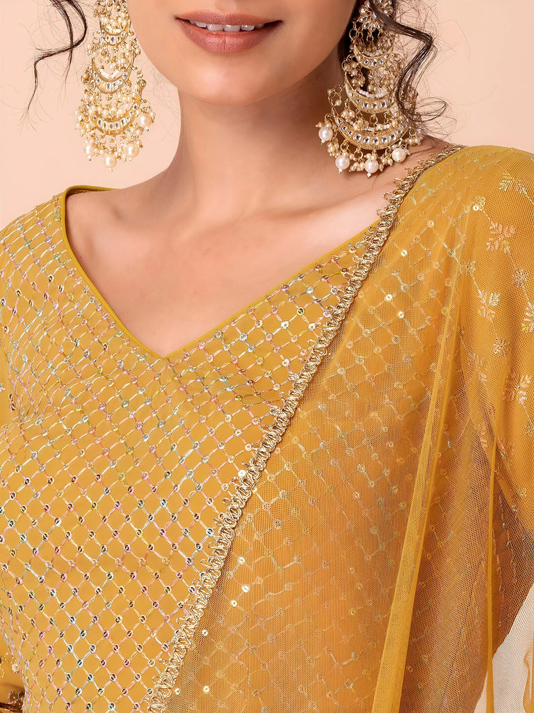 Attractive Yellow Sequins Georgette Haldi Wear Lehenga Choli