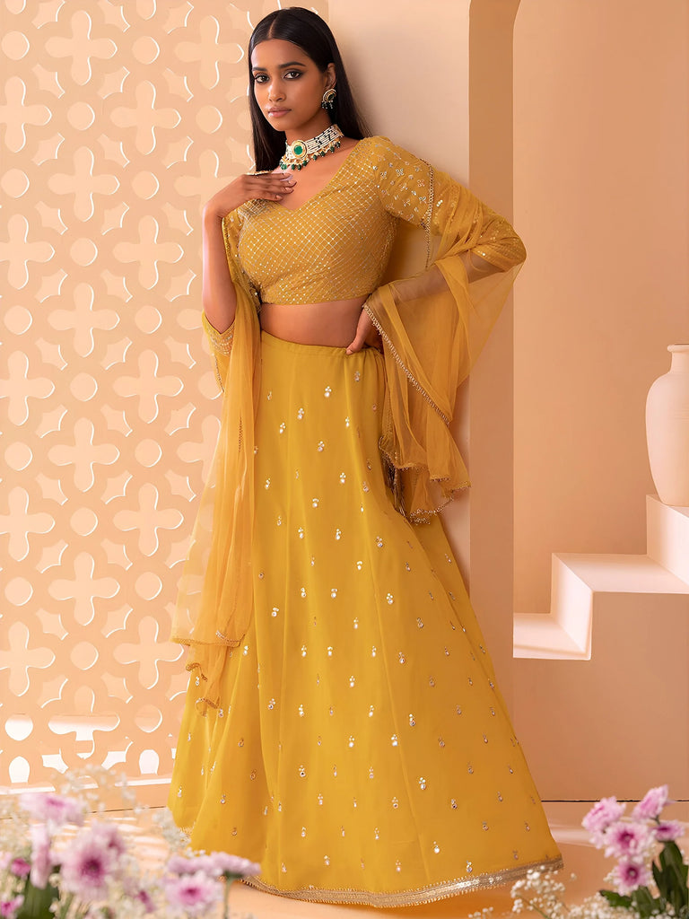 Attractive Yellow Sequins Georgette Haldi Wear Lehenga Choli