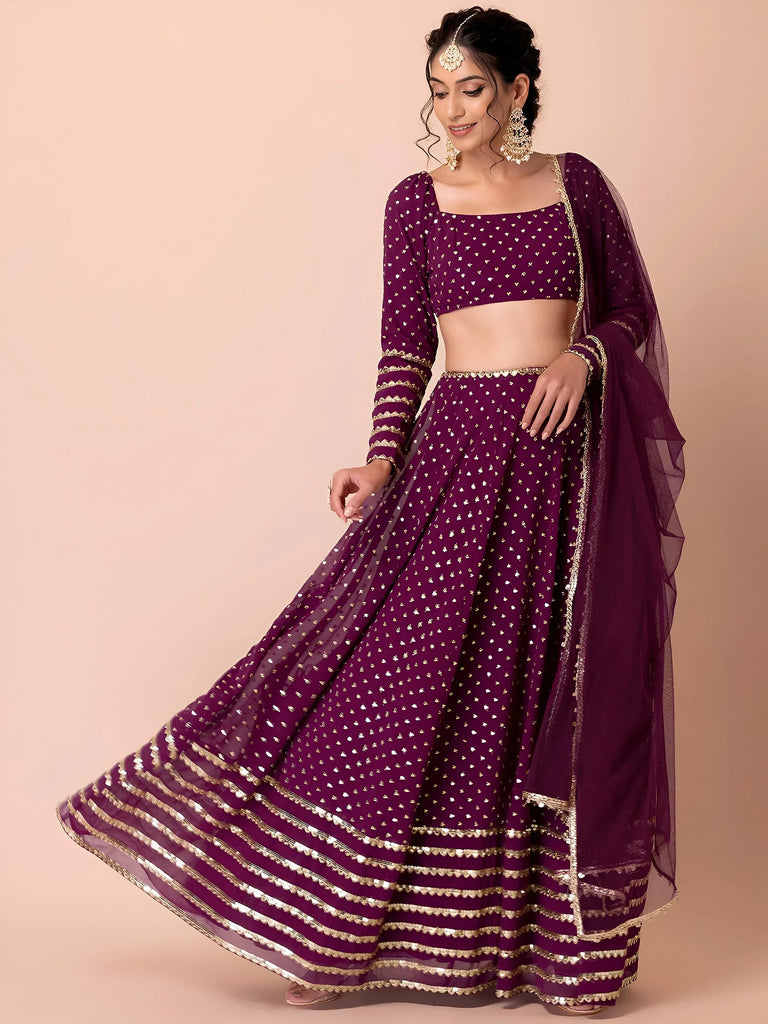Alluring Purple Sequins Georgette Bridesmaid Lehenga Choli With Dupatta