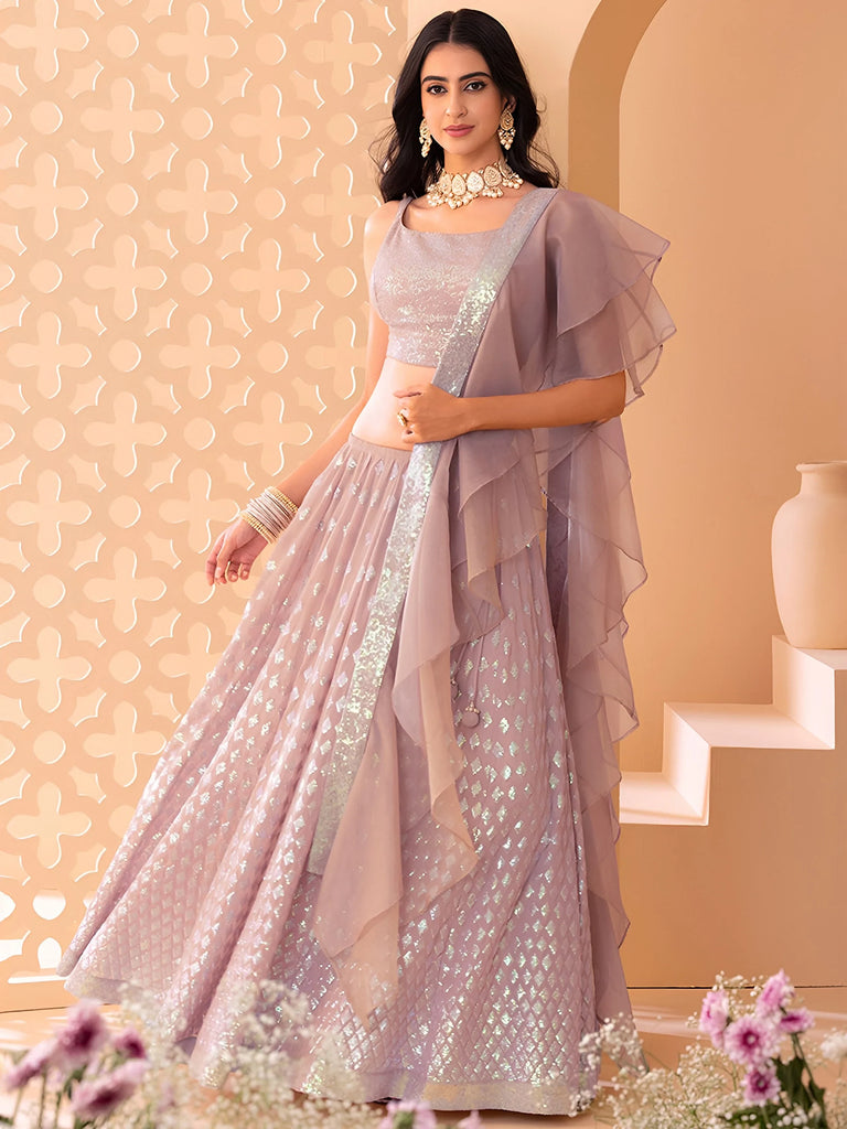 Astonishing Pink Embroidered Georgette Party Wear Lehenga Choli