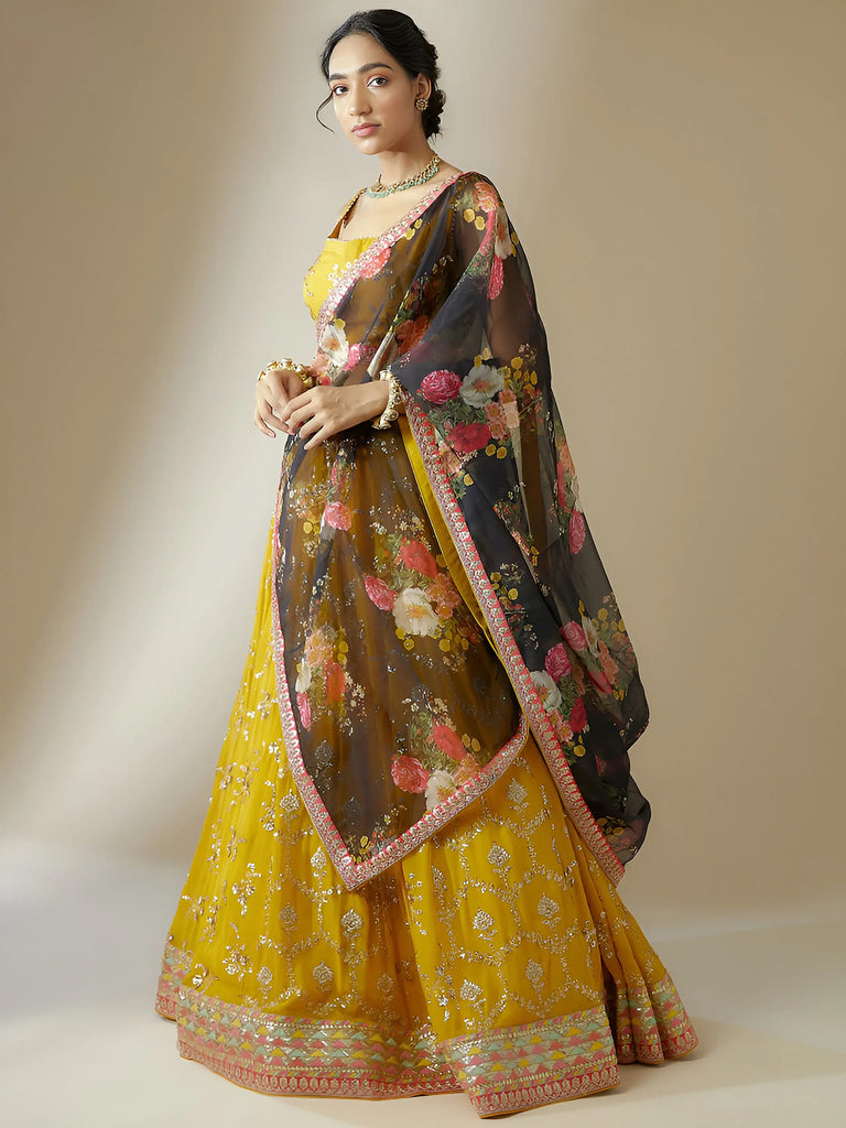 Awesome Yellow Sequins Georgette Festival Wear Lehenga Choli