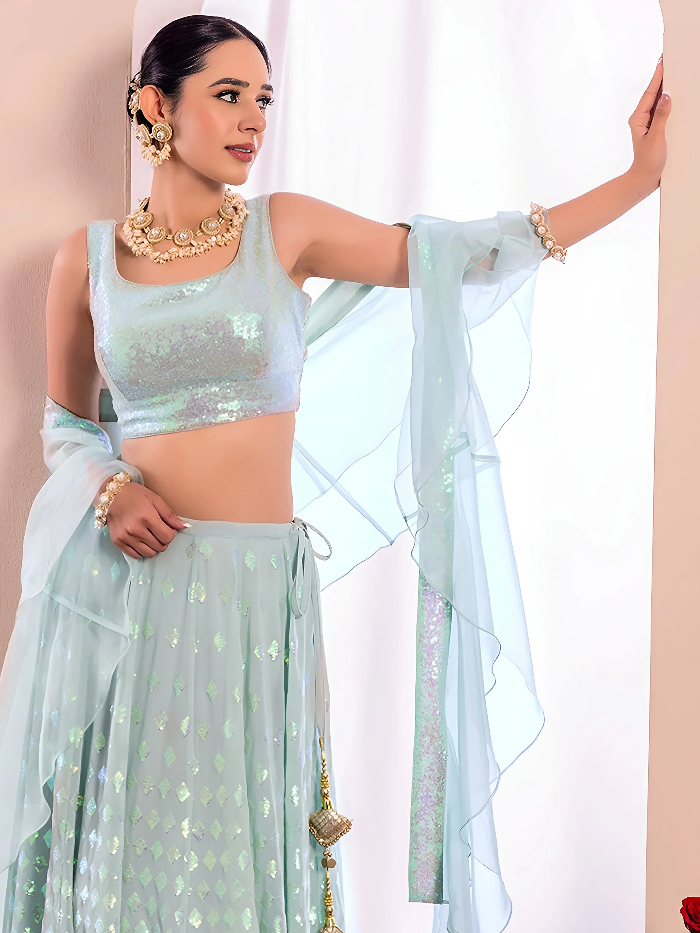 Fabulous Sky-Blue Embroidered Georgette Reception Wear Lehenga Choli