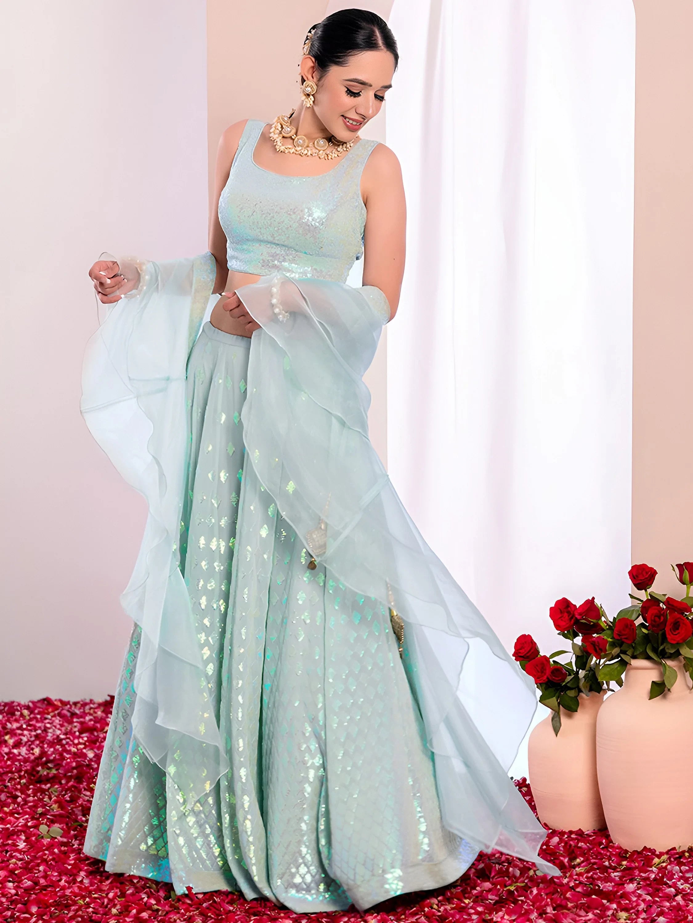Fabulous Sky-Blue Embroidered Georgette Reception Wear Lehenga Choli