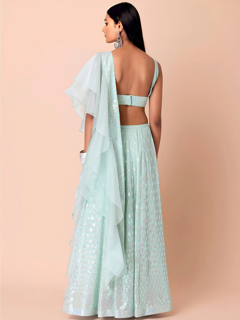 Fabulous Sky-Blue Embroidered Georgette Reception Wear Lehenga Choli