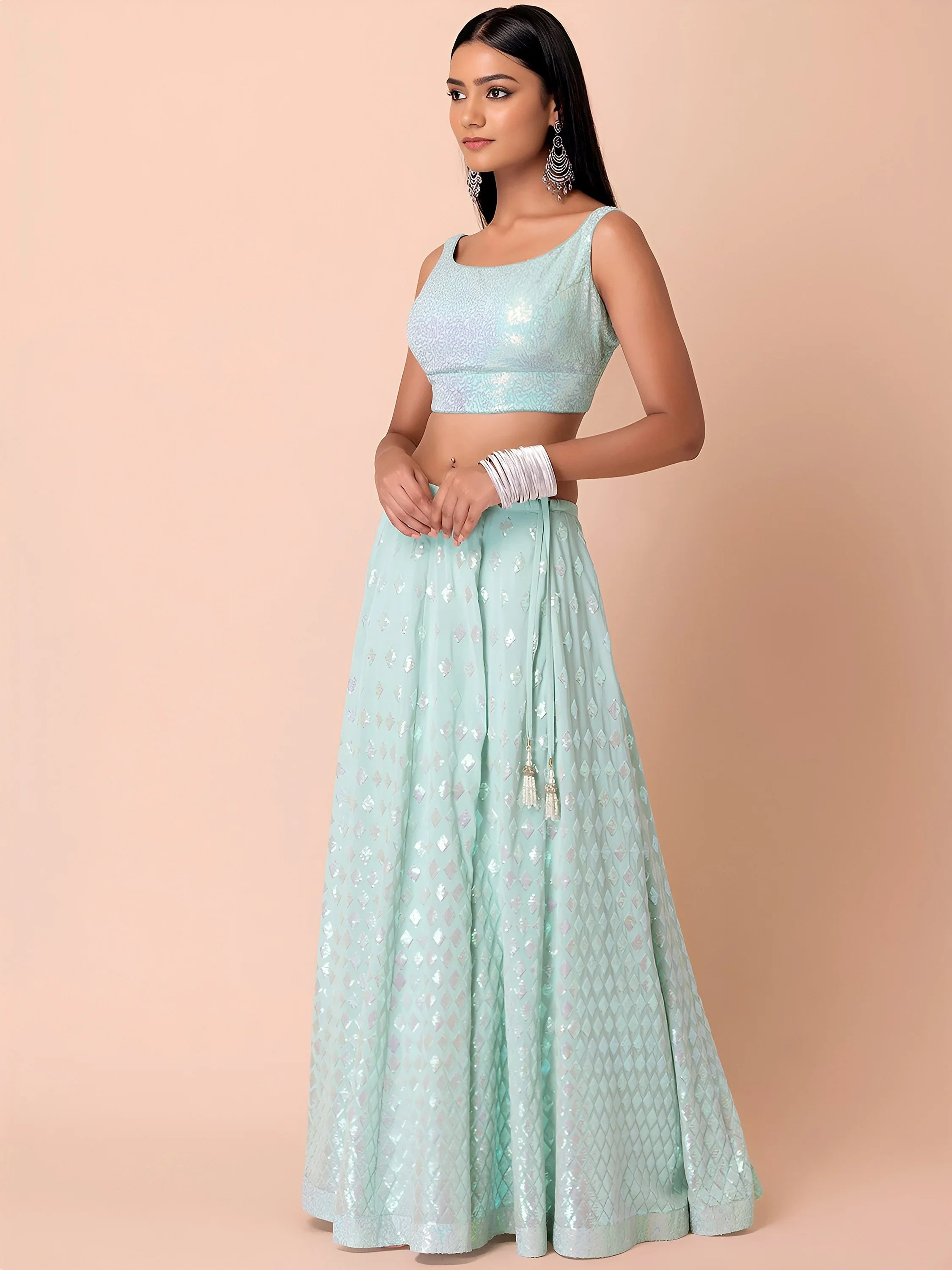 Fabulous Sky-Blue Embroidered Georgette Reception Wear Lehenga Choli