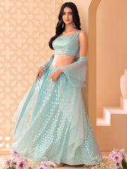 Fabulous Sky-Blue Embroidered Georgette Reception Wear Lehenga Choli
