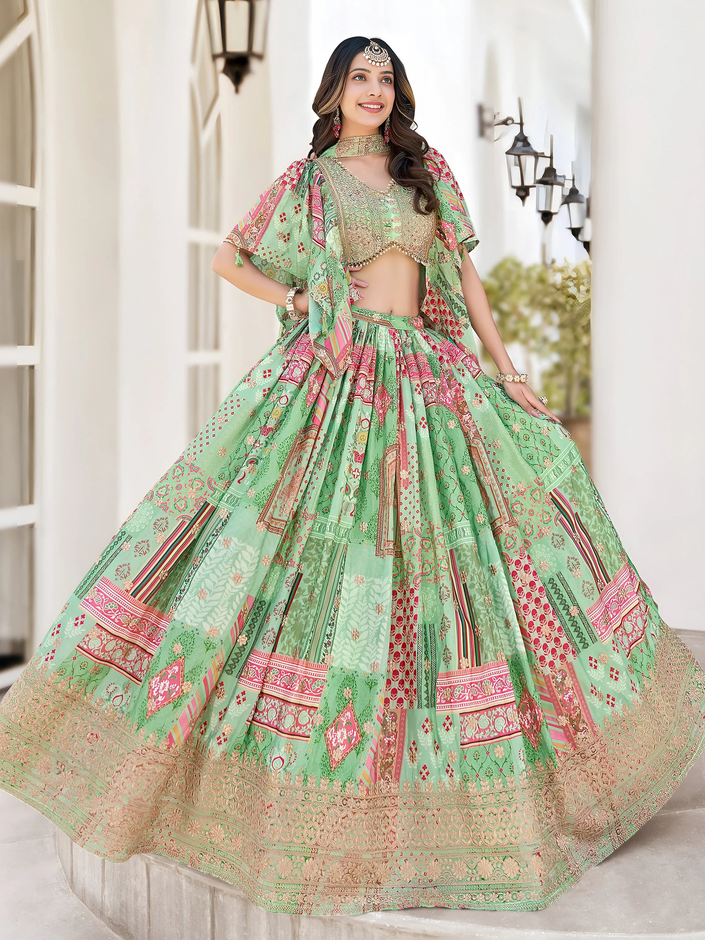 Gorgeous Pista Green Chinon Dori Embroidered Lehenga Choli