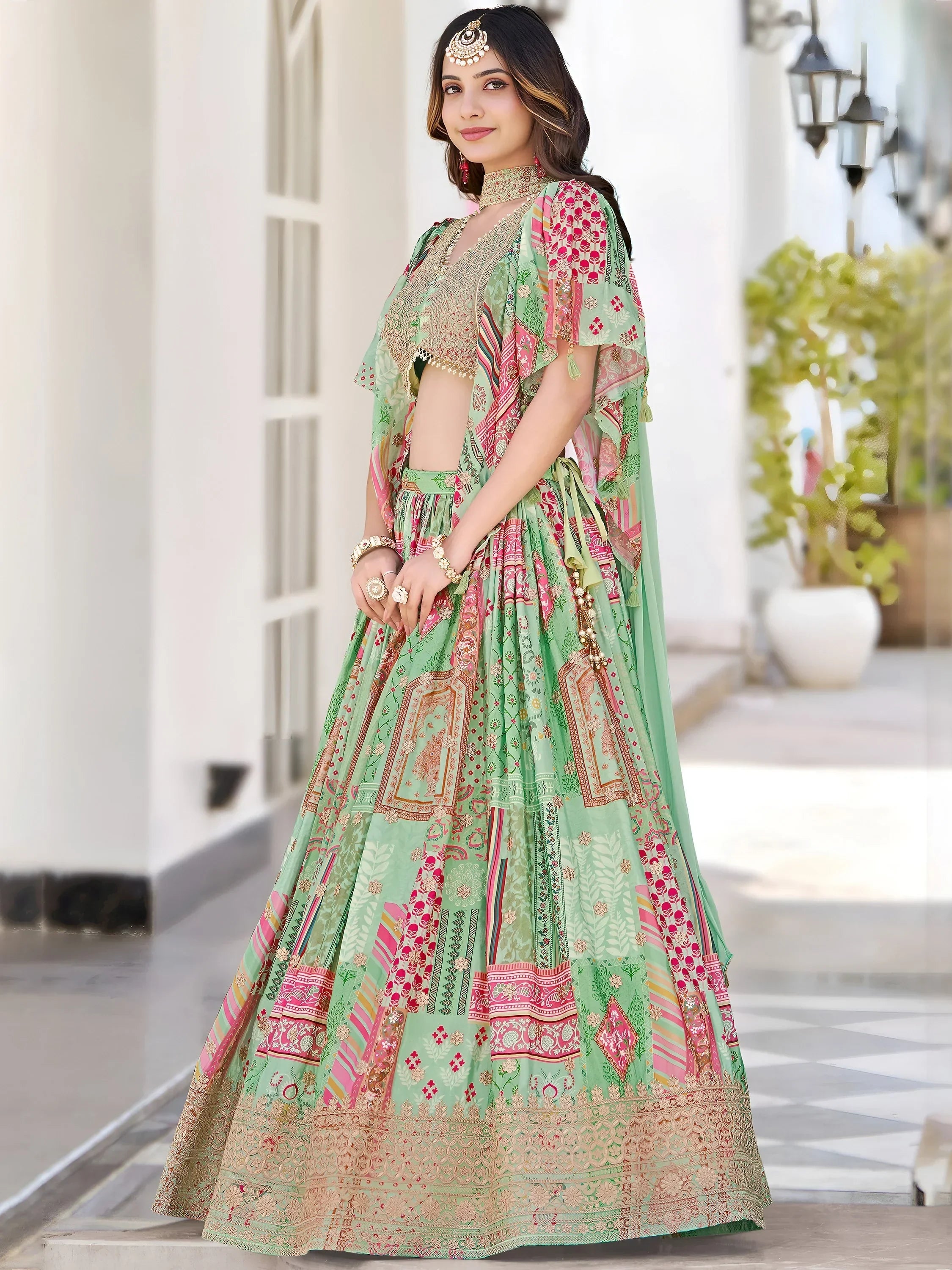 Gorgeous Pista Green Chinon Dori Embroidered Lehenga Choli