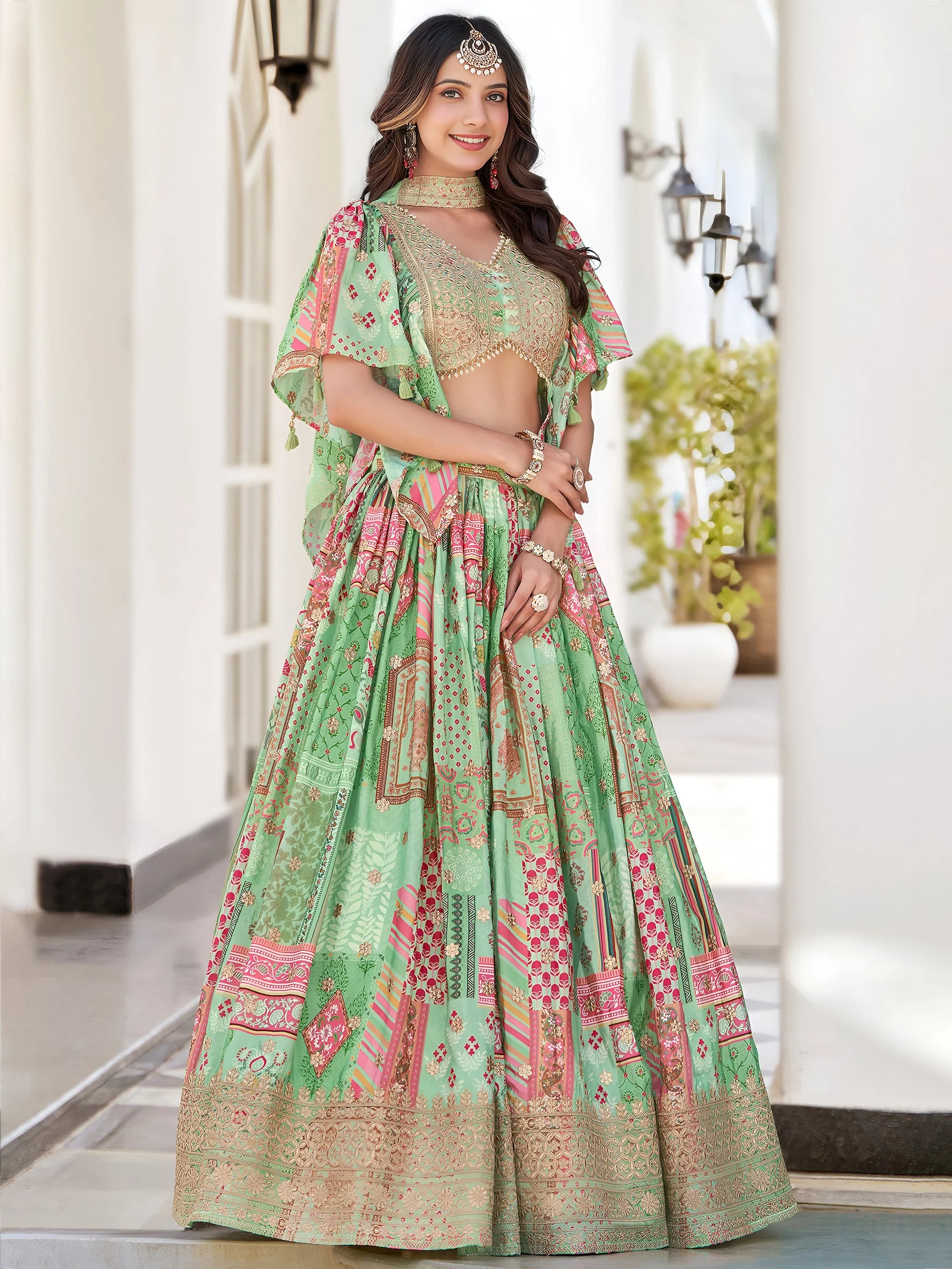 Gorgeous Pista Green Chinon Dori Embroidered Lehenga Choli