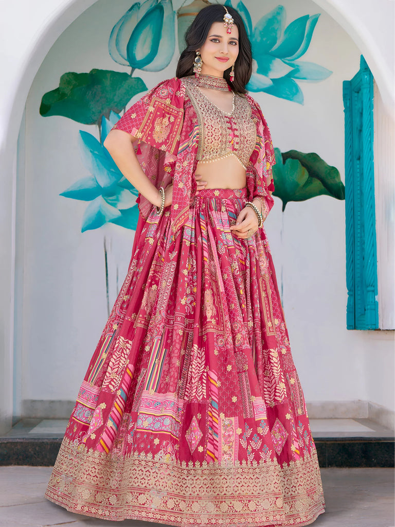 Attractive Pink Chinon Thread Embroidered Wedding Wear Lehenga Choli