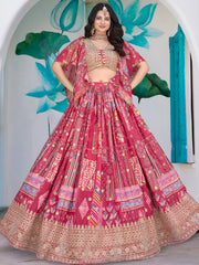 Attractive Pink Chinon Thread Embroidered Wedding Wear Lehenga Choli