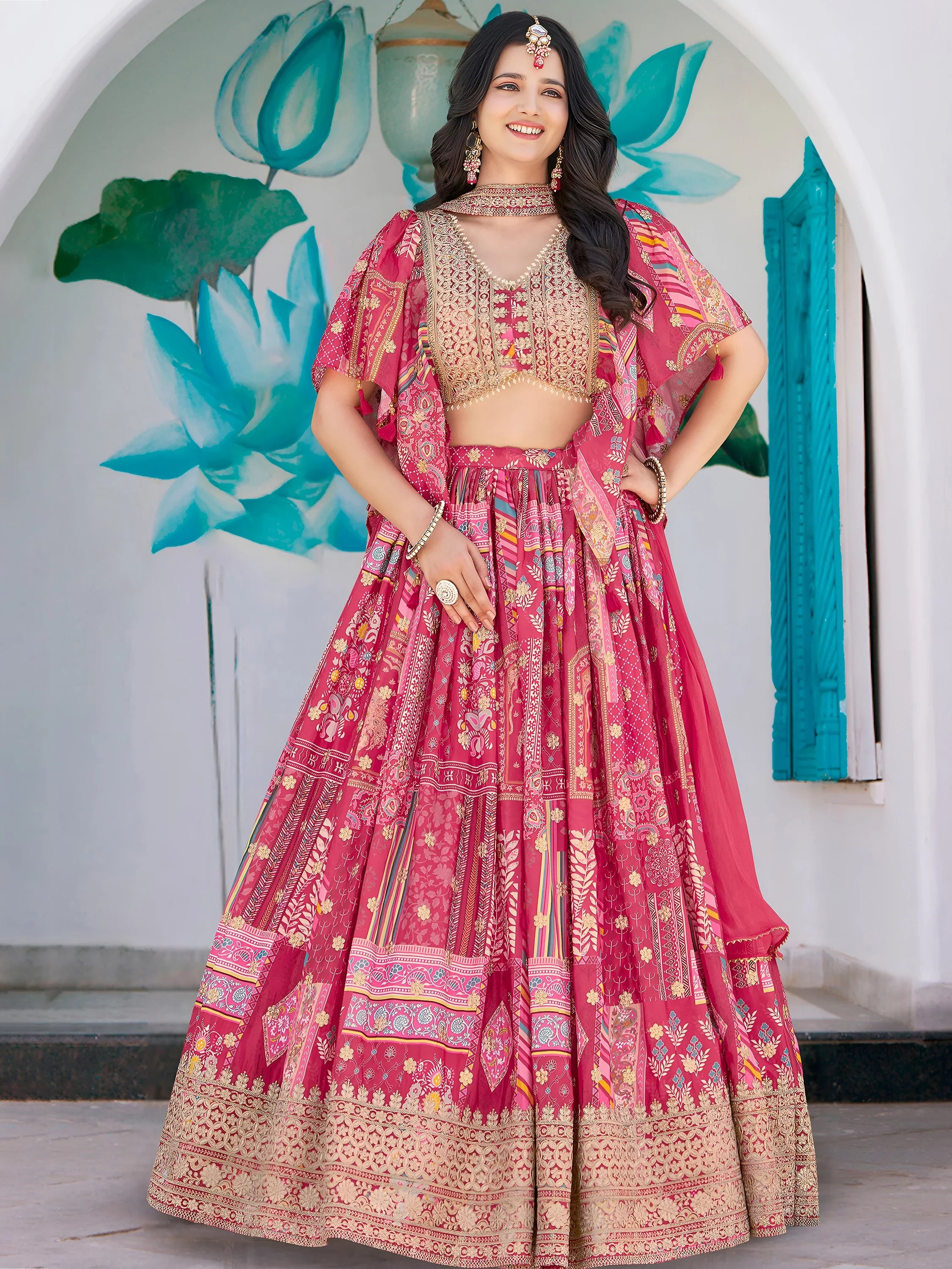 Attractive Pink Chinon Thread Embroidered Wedding Wear Lehenga Choli