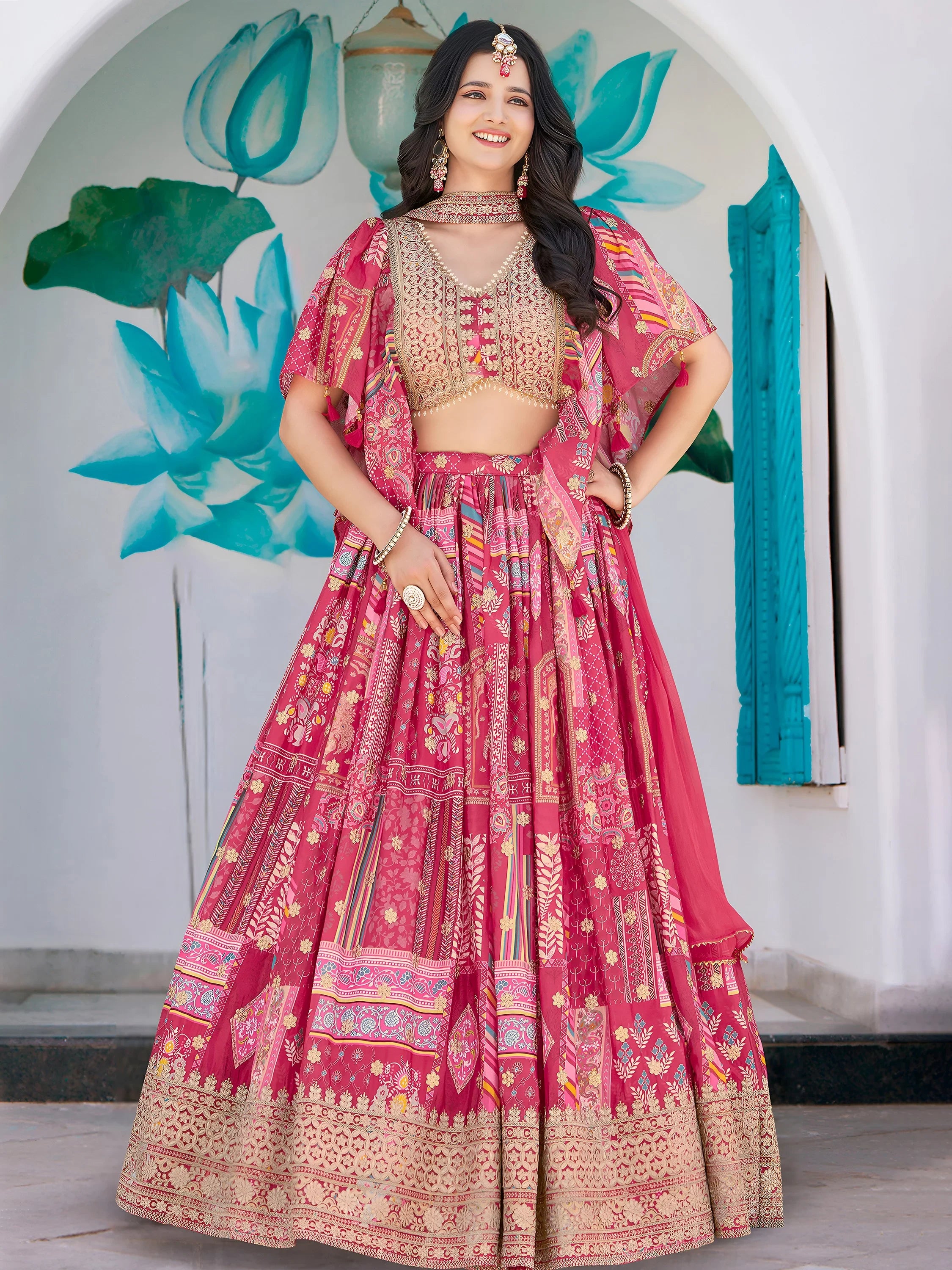 Attractive Pink Chinon Thread Embroidered Wedding Wear Lehenga Choli