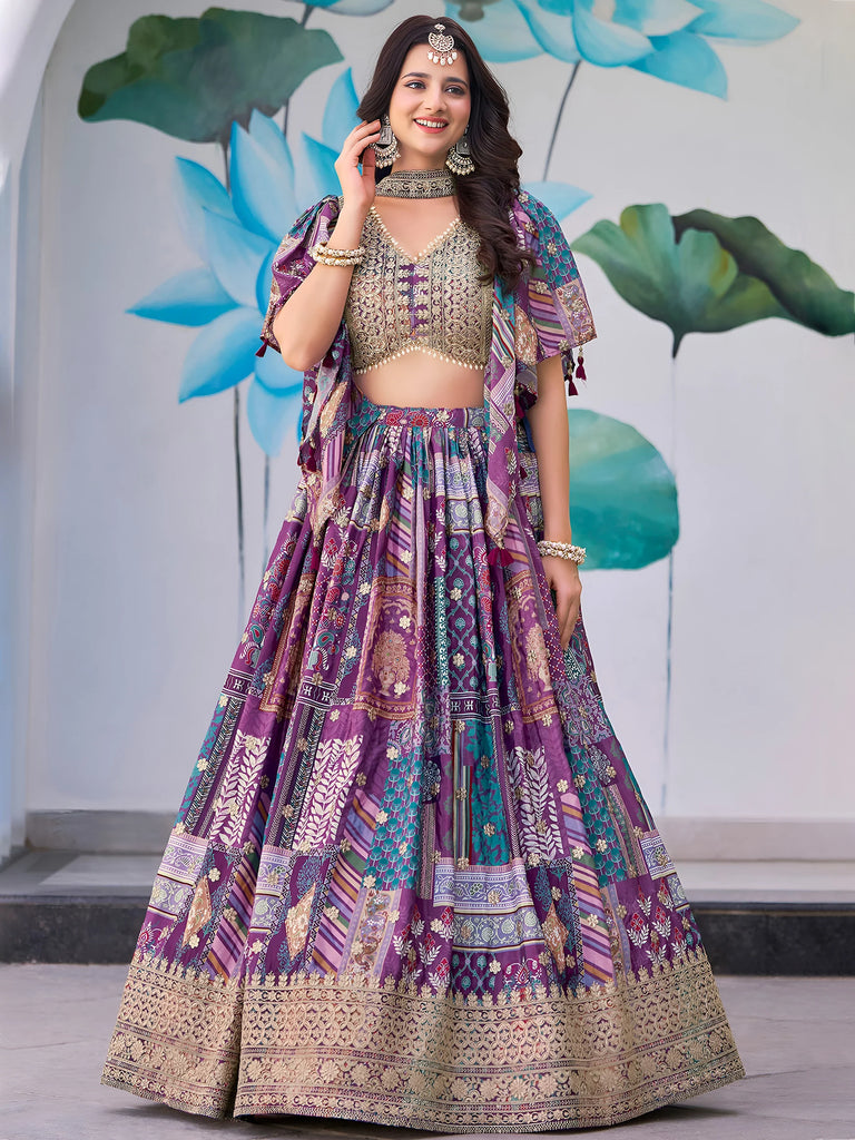 Adorable Purple Chinon Zari Work Bridesmaid Lehenga Choli With Dupatta
