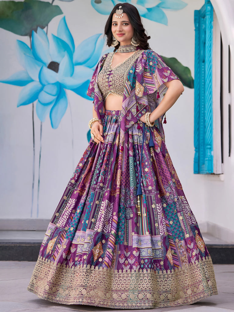 Adorable Purple Chinon Zari Work Bridesmaid Lehenga Choli With Dupatta
