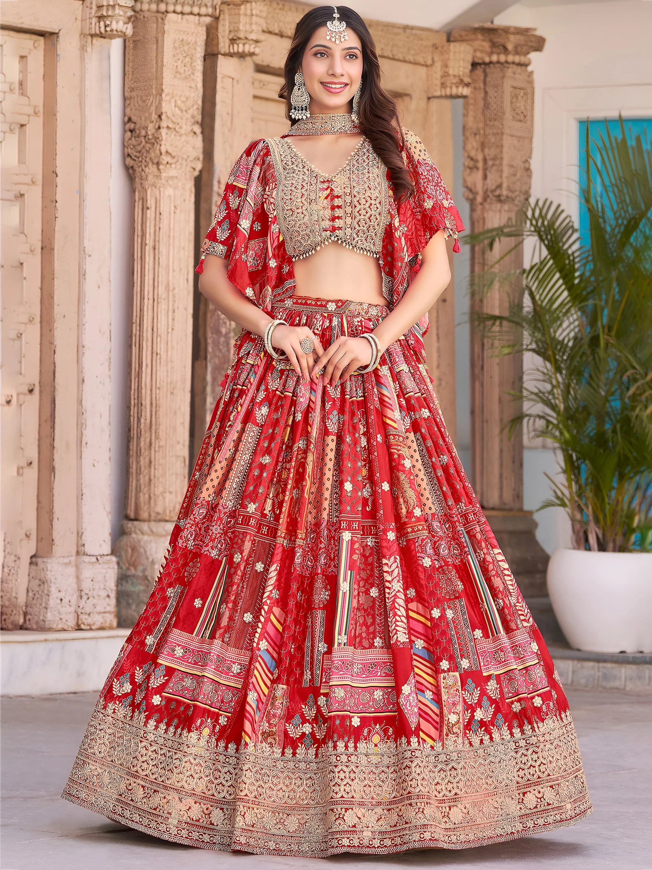 Stunning Red Chinon Digital Printed Wedding Lehenga Choli