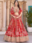 Stunning Red Chinon Digital Printed Wedding Lehenga Choli