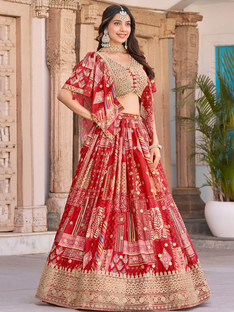 Stunning Red Chinon Digital Printed Wedding Lehenga Choli