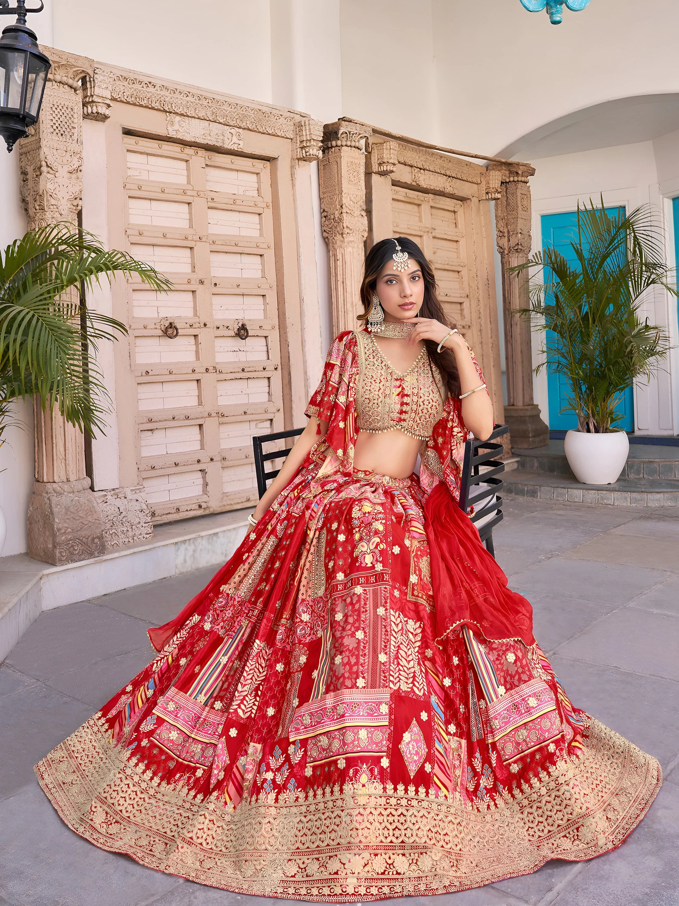 Stunning Red Chinon Digital Printed Wedding Lehenga Choli