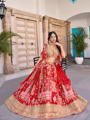 Stunning Red Chinon Digital Printed Wedding Lehenga Choli