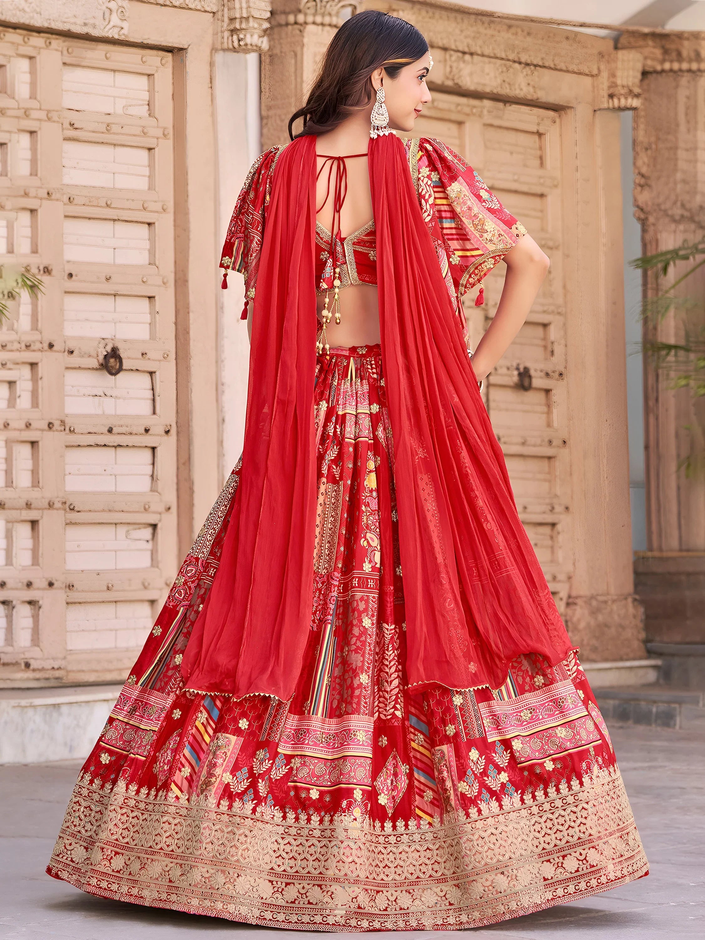 Stunning Red Chinon Digital Printed Wedding Lehenga Choli