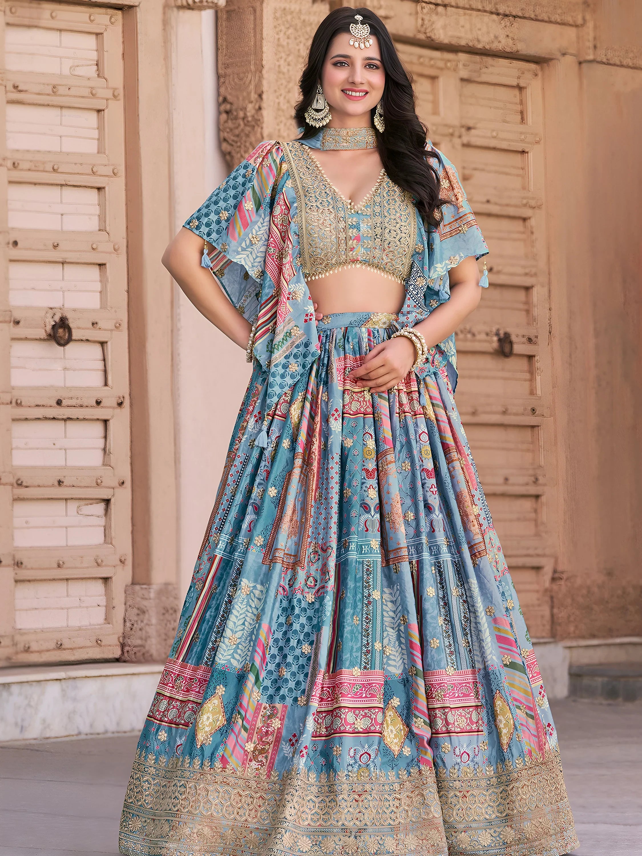 Regal Sky Blue Dori Embroidered Chinon Lehenga Choli With Dupatta