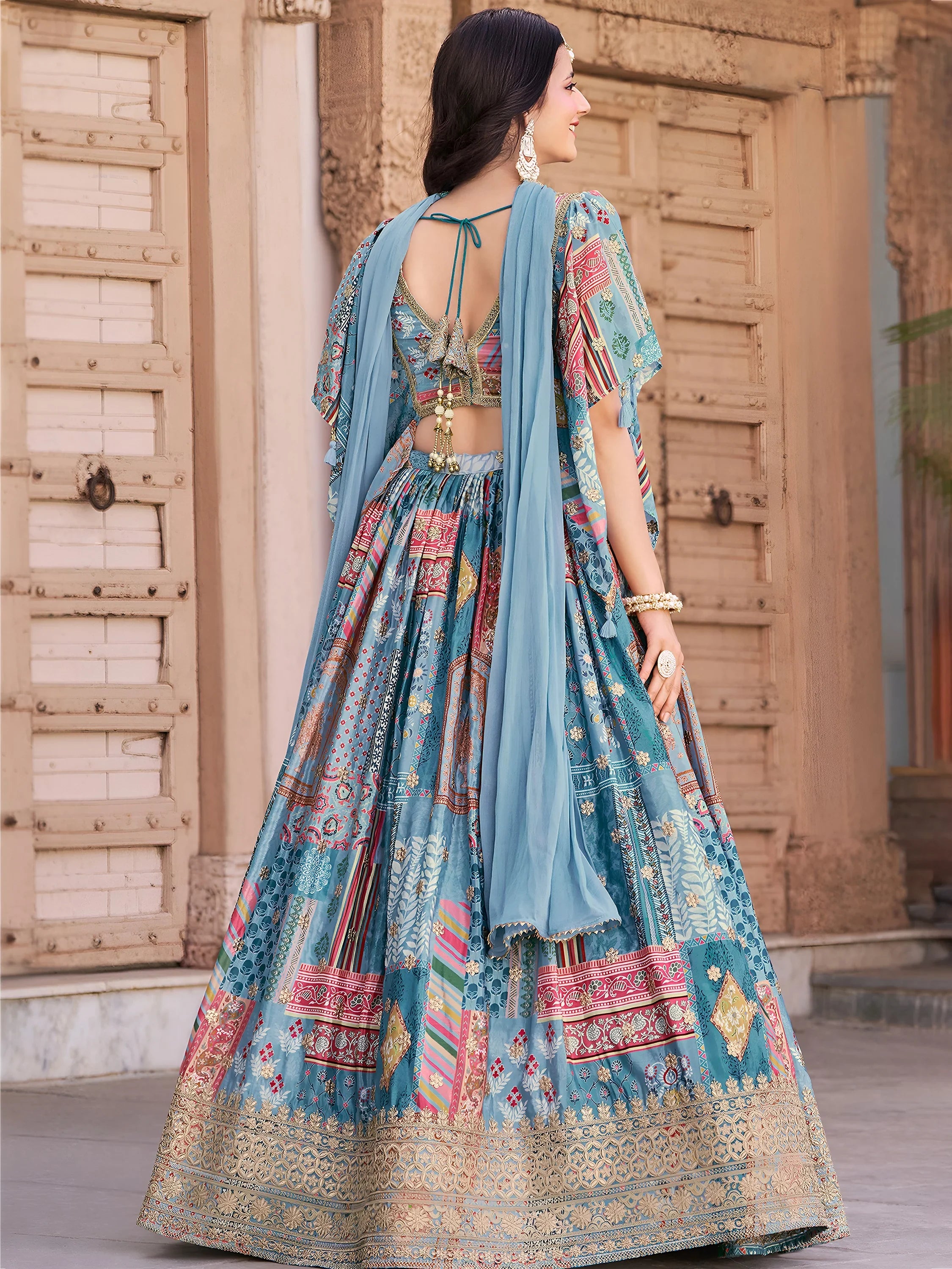 Regal Sky Blue Dori Embroidered Chinon Lehenga Choli With Dupatta