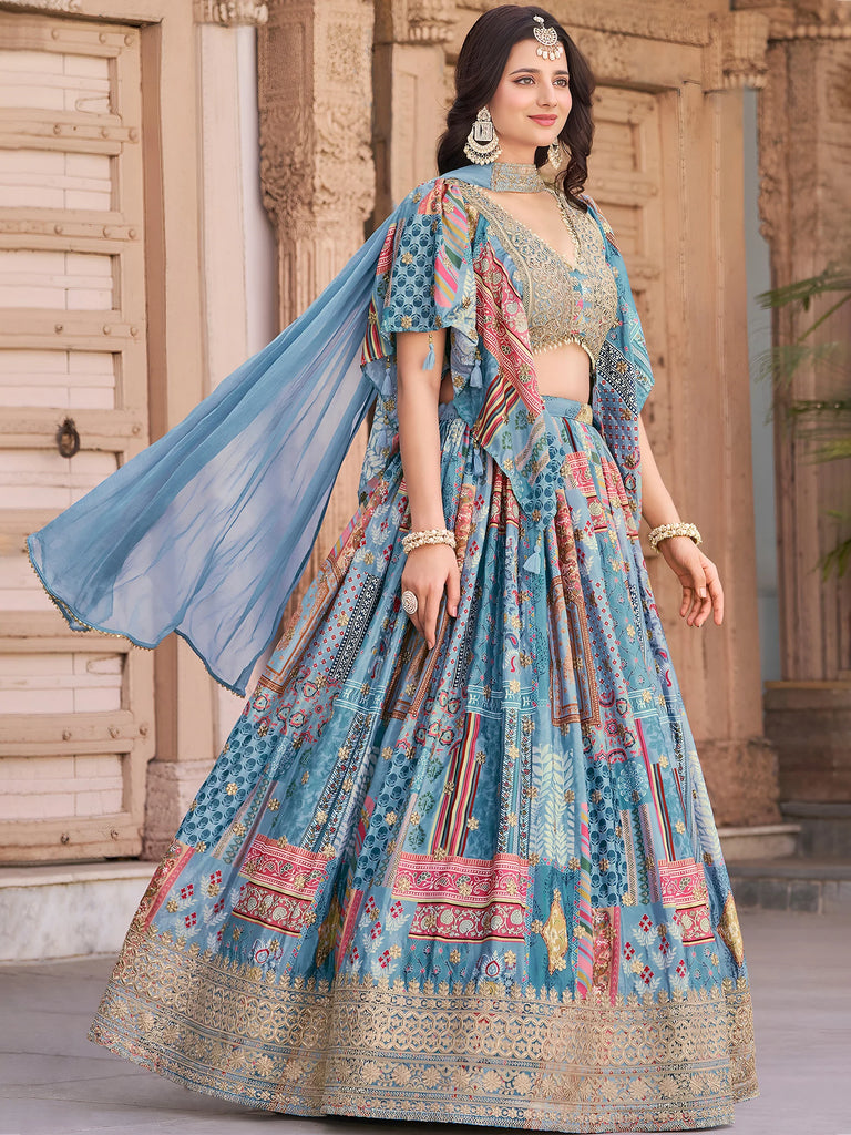 Regal Sky Blue Dori Embroidered Chinon Lehenga Choli With Dupatta