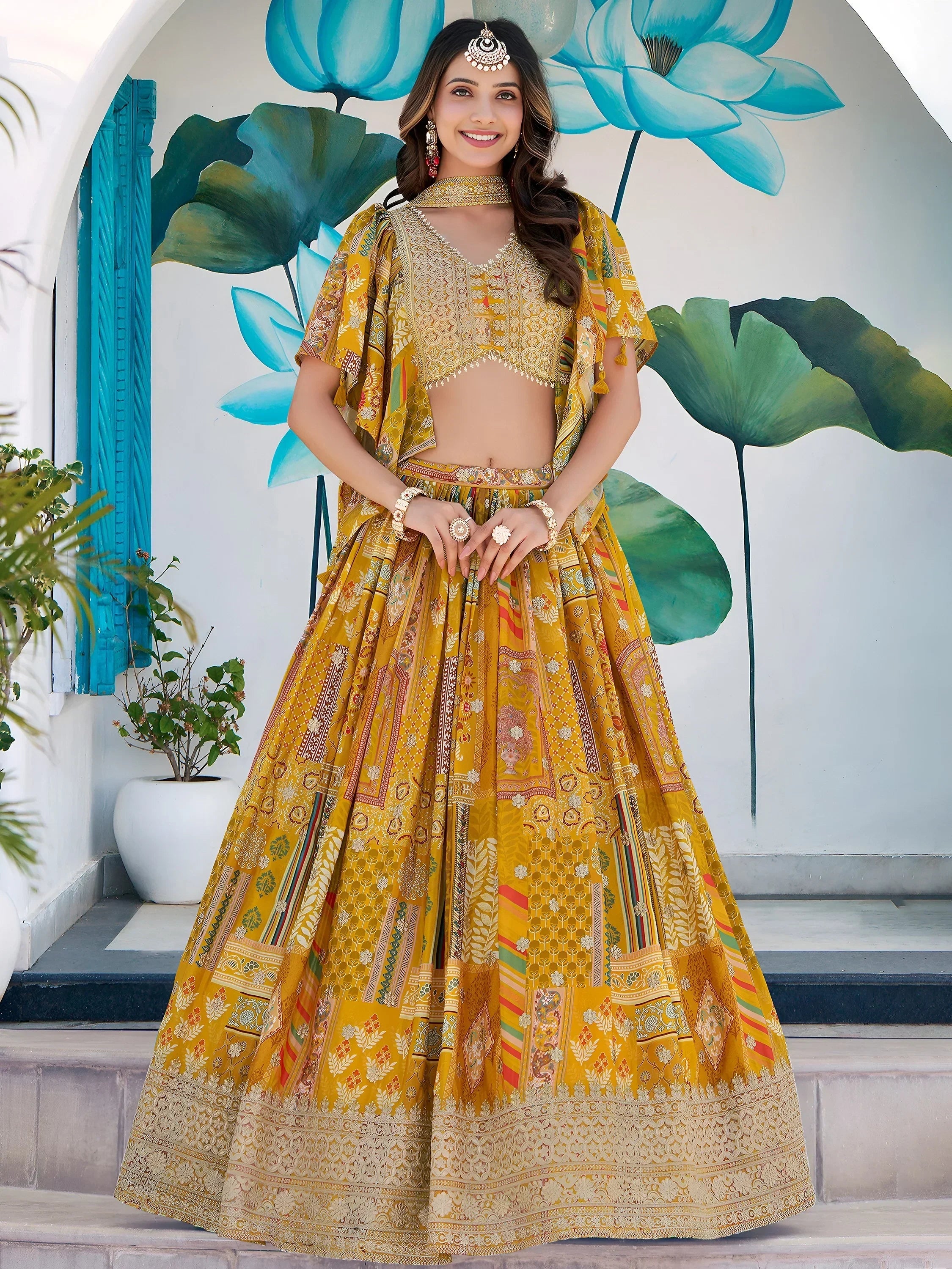Timeless Yellow Zari Embroidered Chinon Lehenga Choli With Dupatta