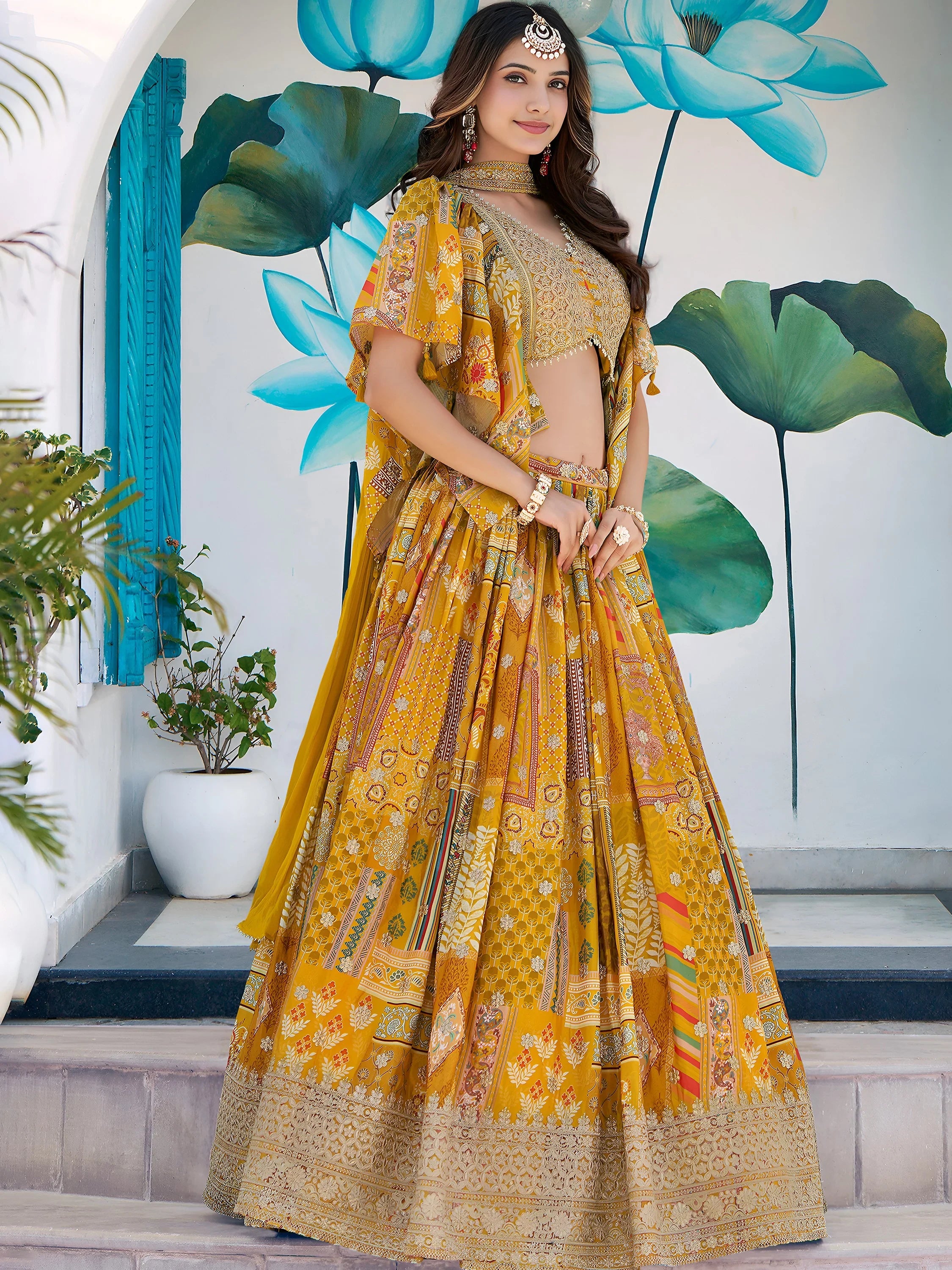 Timeless Yellow Zari Embroidered Chinon Lehenga Choli With Dupatta