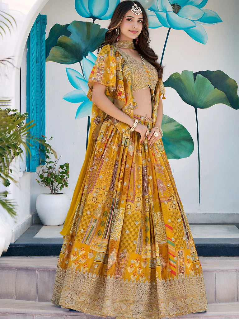 Timeless Yellow Zari Embroidered Chinon Lehenga Choli With Dupatta