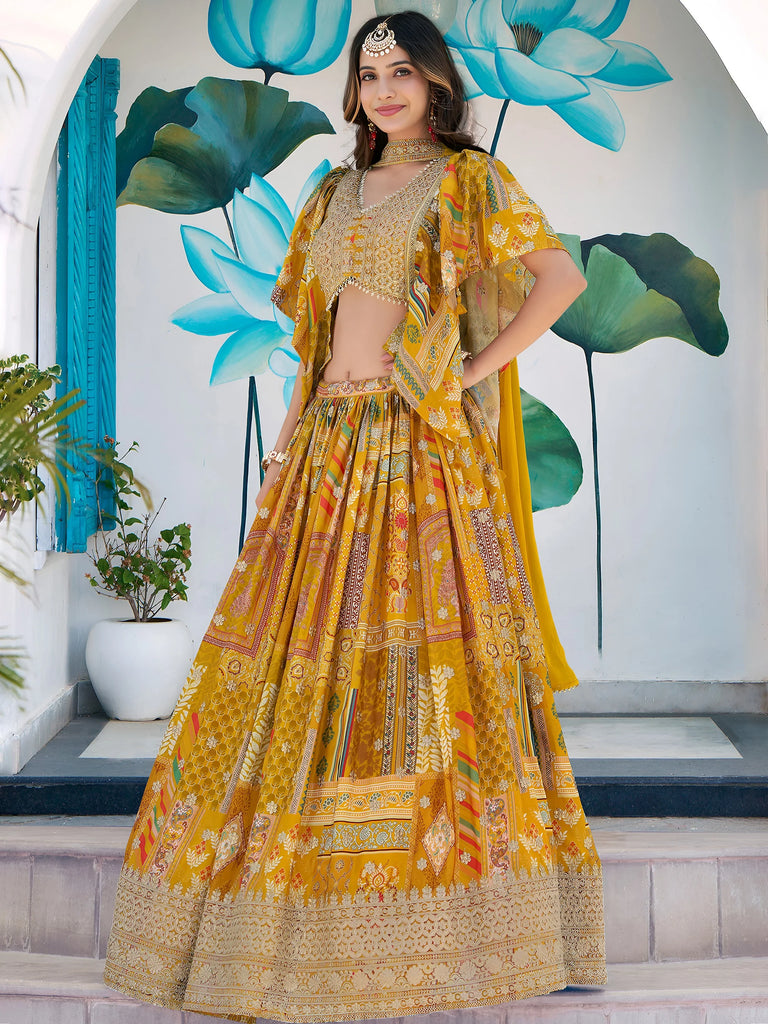 Timeless Yellow Zari Embroidered Chinon Lehenga Choli With Dupatta
