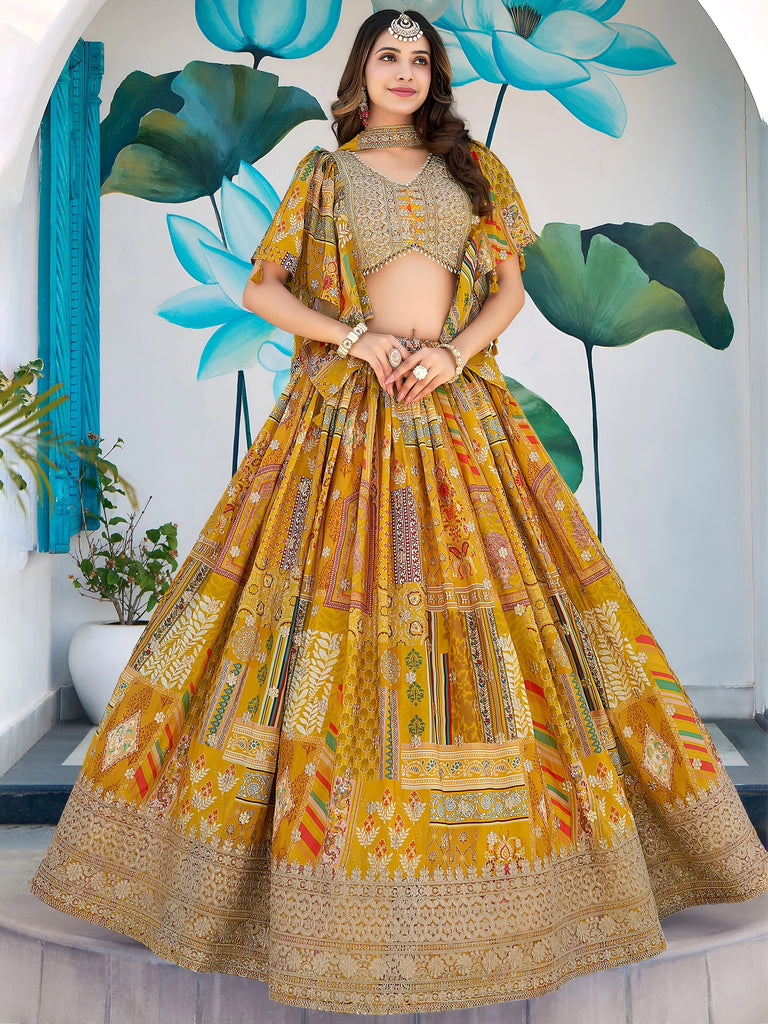 Timeless Yellow Zari Embroidered Chinon Lehenga Choli With Dupatta