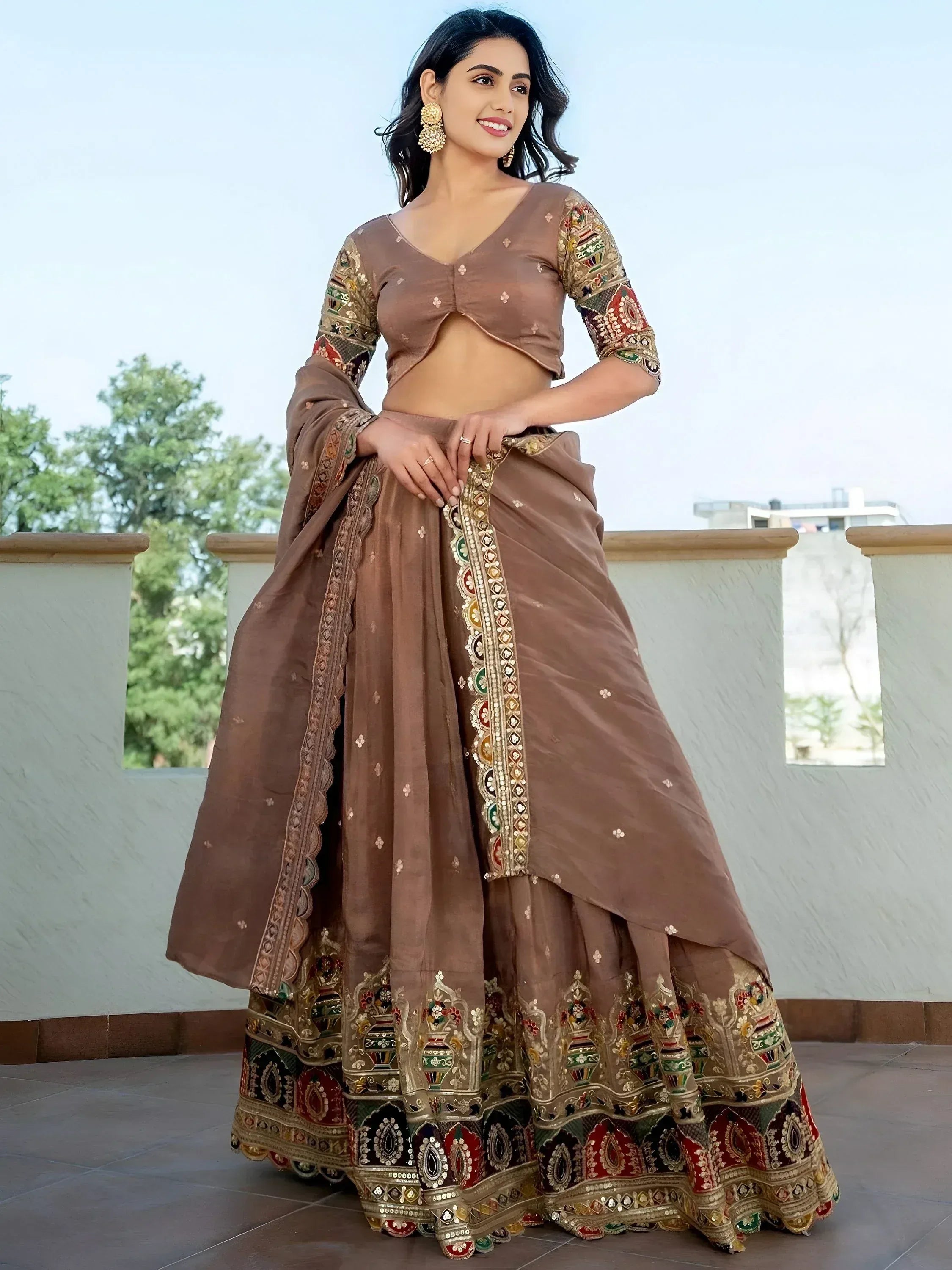 Stunning Beige Silk Sequins Party Wear Lehenga Choli With Dupatta