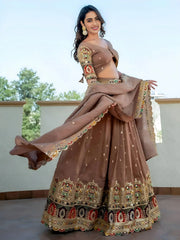 Stunning Beige Silk Sequins Party Wear Lehenga Choli With Dupatta