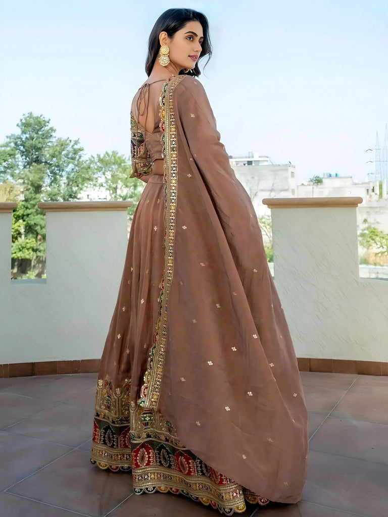 Stunning Beige Silk Sequins Party Wear Lehenga Choli With Dupatta