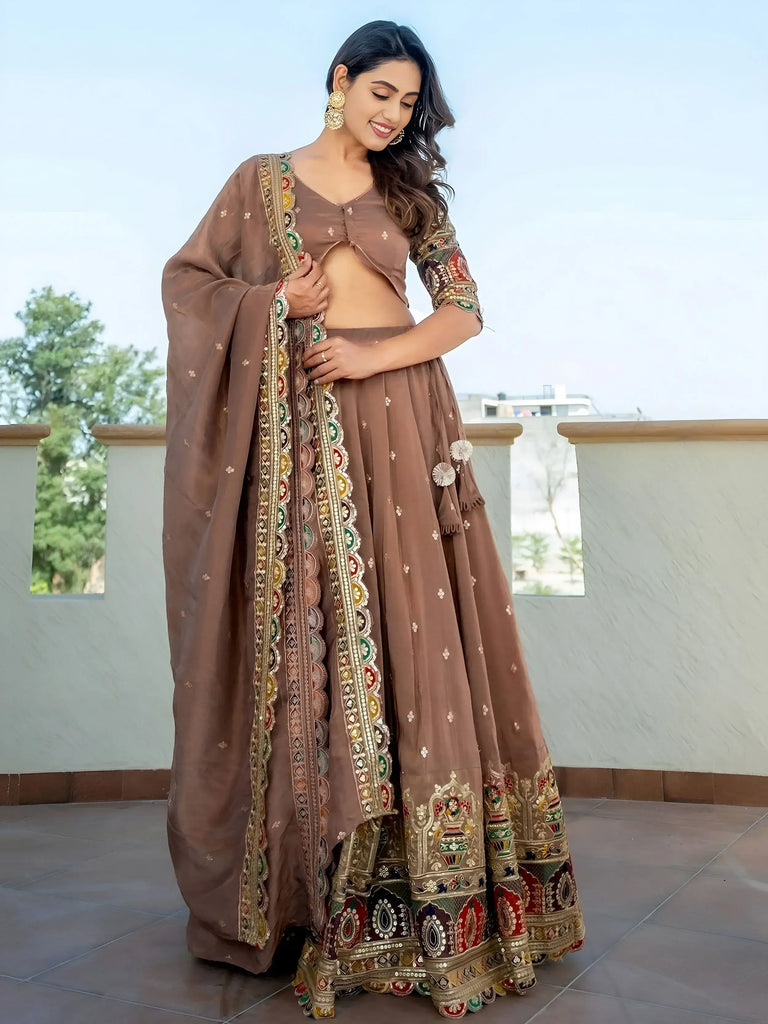 Stunning Beige Silk Sequins Party Wear Lehenga Choli With Dupatta