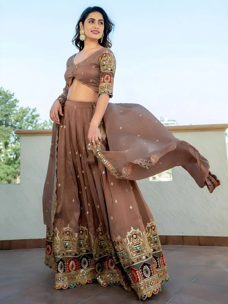 Stunning Beige Silk Sequins Party Wear Lehenga Choli With Dupatta