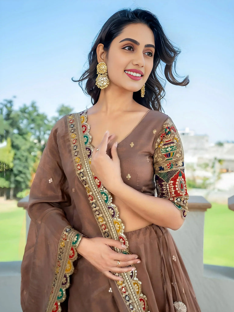 Stunning Beige Silk Sequins Party Wear Lehenga Choli With Dupatta